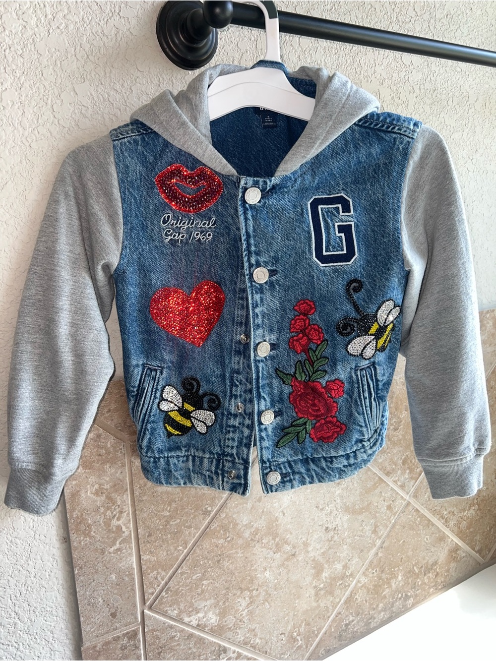 GAP Kids Blue Denim Jacket with Grey Hoodie and Red Embroidered Patches